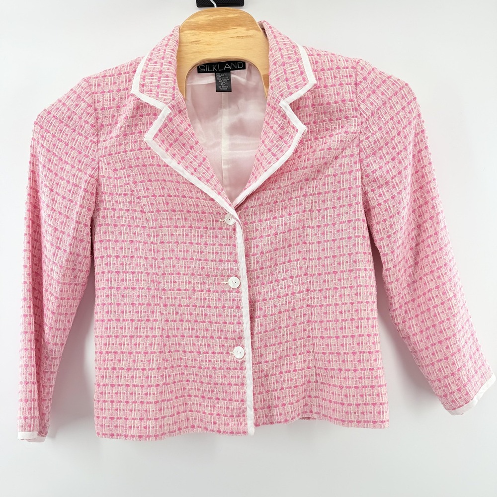 Silkland Blazer Womens Large Pink White Tweed 100% Silk Lined Button Up Jacket